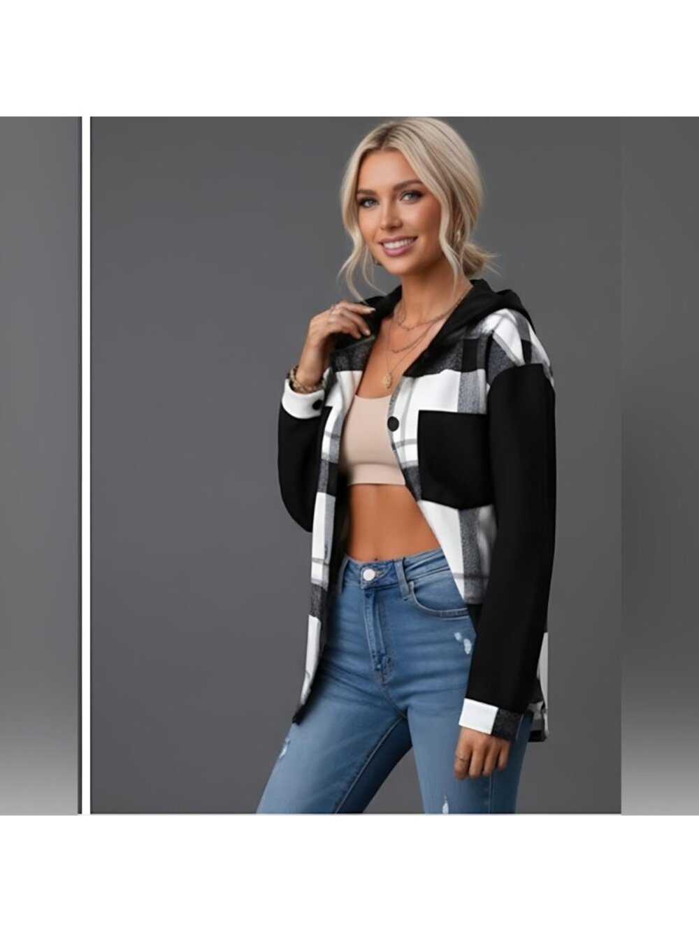 Plaid Print Drop Shoulder Hooded Shirt - Picture 4 of 9